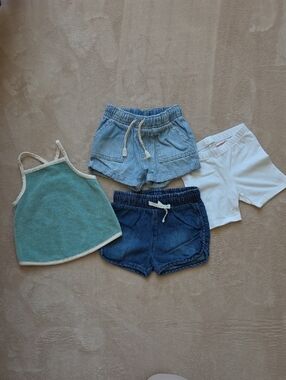 Cat & Jack Light and Dark Denim Shorts, White Bike Shorts & Teal Terry Tank 18m